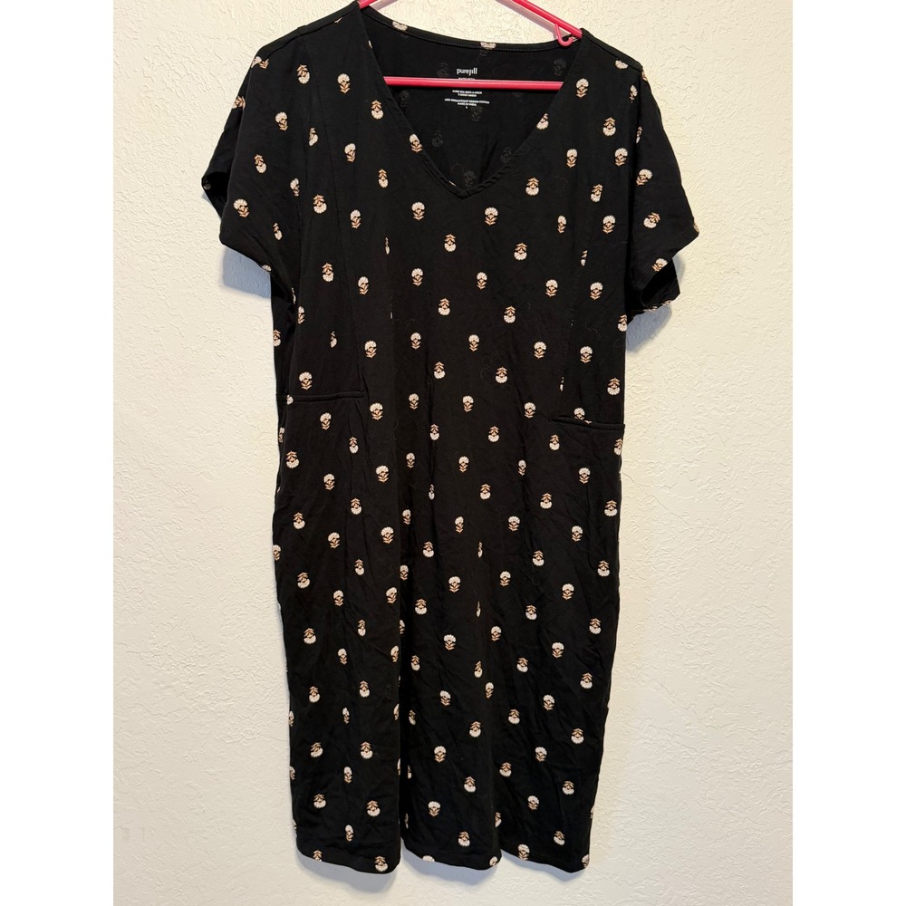 Pure Jill J. Jill Black Floral Organic Cotton V-Neck T-Shirt Dress Pockets L